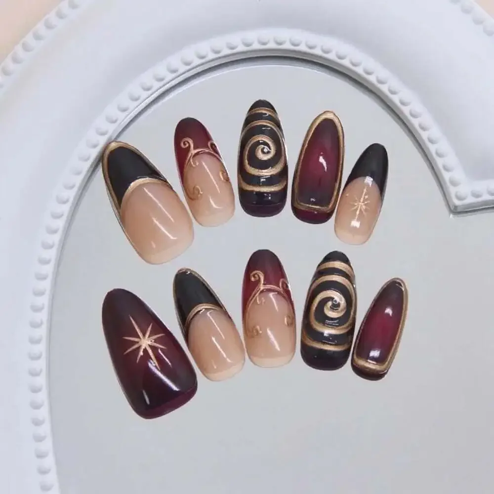 24Pcs Golden Lines Patterns False Nails Dark Purple Blush French Fake Nails for